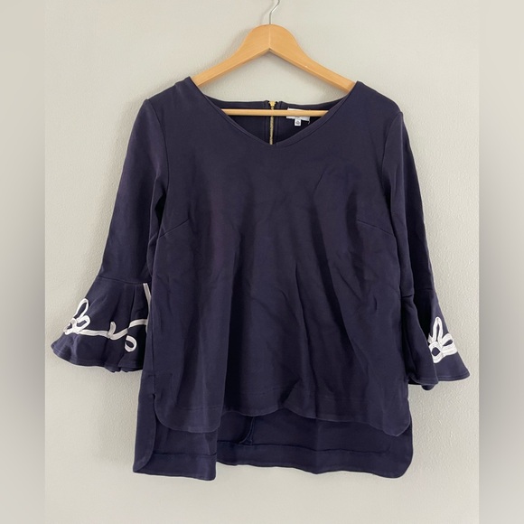 crown & ivy Tops - Crown & Ivy Navy Blouse with Embroidered Bell Sleeves